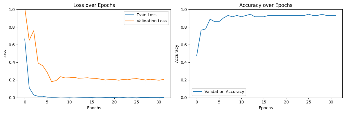 Graphs showing training and validation loss, and validation accuracy over epochs